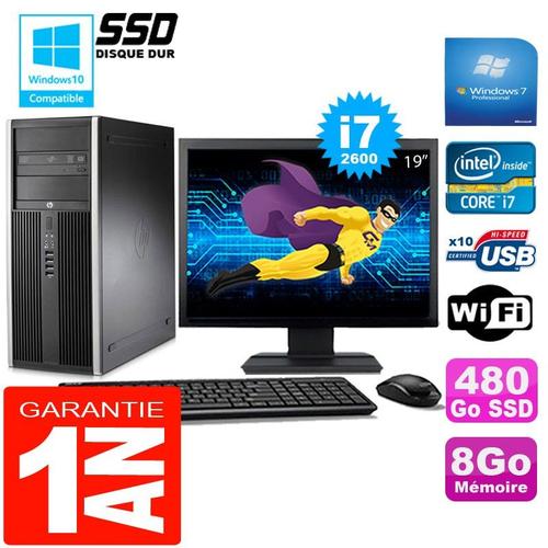 PC Tour HP Compaq 8200 Core I7-2600 Ram 8Go Disque 480Go SSD Wifi W7 Ecran 19"