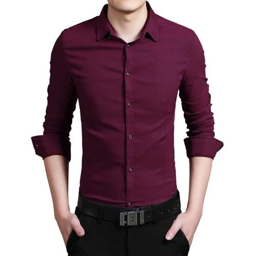 Chemise Slim Homme Manches Longues Couleur Unie Casual Chemise Business Col Classique