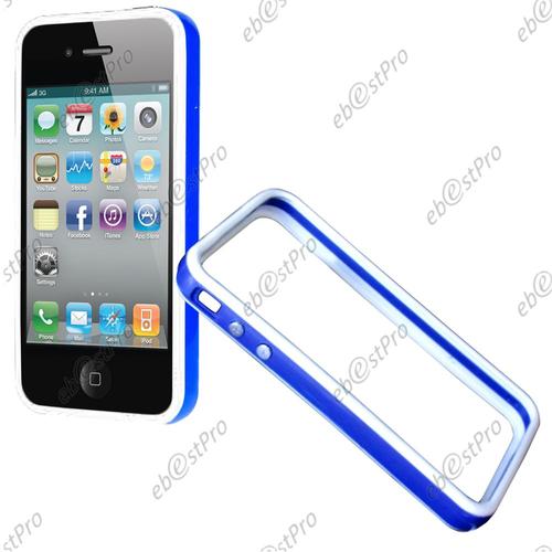 Ebeststar ® Bumper Contour De Protection Etui Housse Coque Pour Apple Iphone 4s, 4, Couleur Bleu Bord Blanc + Film Protection D'écran