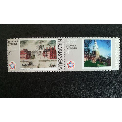 Timbre Nicaragua Yt 1047 - 1048 Collège Harvard (1726), Université Harvard (1976) 1976