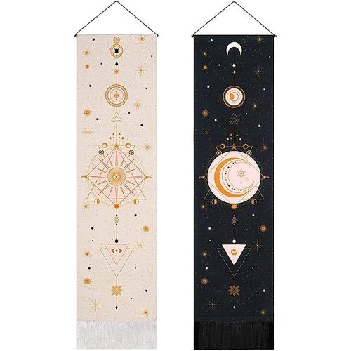 Lot de 2 tentures murales Eclipse de la lune avec pompons bohémiens, 130 x 32 cm de long, tenture murale à suspendre, art d'astronomie, décoration de chambre