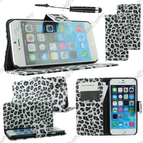 Ebeststar ® Housse Coque Etui Portefeuille Pu Cuir Folio Book Livre Motif Leopard Pour Apple Iphone 6s Écran 4,7", Couleur Noir + Mini Stylet + 1 Film Protection D'écran + Lingette