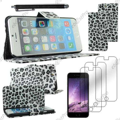 Ebeststar ® Housse Coque Etui Portefeuille Pu Cuir Folio Book Livre Motif Leopard Pour Apple Iphone 6s Écran 4,7", Couleur Noir + Stylet 3 Film