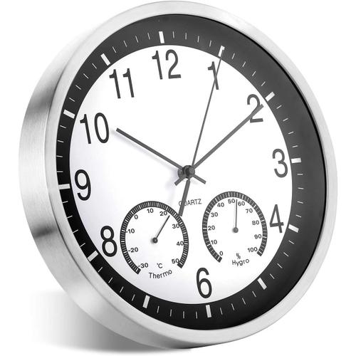 12 Pouces Horloges Murales Silencieuse de Salon Cuisine Modernes Design Pendules Murales 30cm Humidite Temperature Thermomètre Horloge à Quartz Suspendue Horloge Murale en Métal