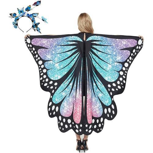 Costume De Carnaval Pour Femme - Cape Papillon Pour Carnaval Avec Serre-Tête, Ailes De Papillon, Ailes De Papillon, Écharpe, Poncho Pour Halloween, Cosplay Et Fête