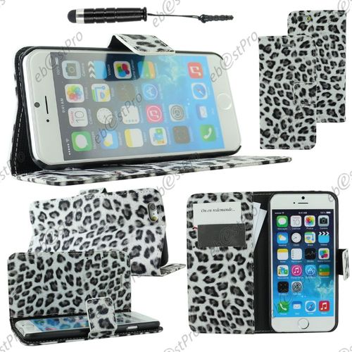 Ebeststar ® Housse Coque Etui Portefeuille Pu Cuir Folio Book Livre Motif Leopard Pour Apple Iphone 6s Plus Écran 5,5", Couleur Noir + Mini Stylet + 1 Film Protection D'écran + Lingette
