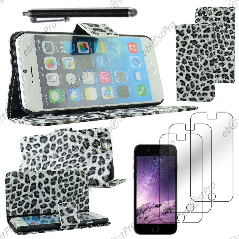 Ebeststar ® Housse Coque Etui Portefeuille Pu Cuir Folio Book Livre Motif Leopard Pour Apple Iphone 6s Plus Écran 5,5", Couleur Noir + Stylet 3 Film