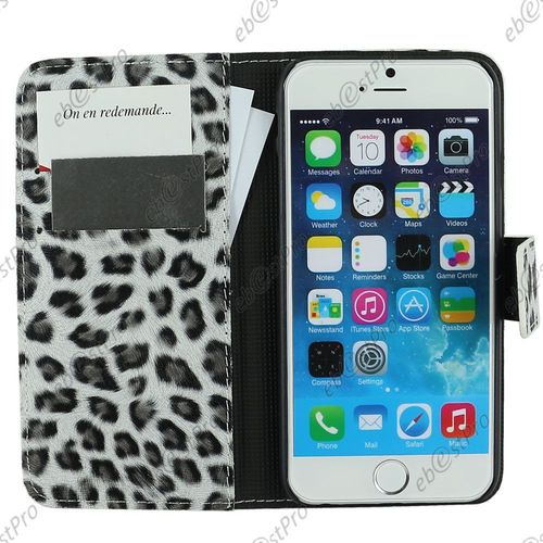 Ebeststar ® Housse Coque Etui Portefeuille Pu Cuir Folio Book Livre Motif Leopard Pour Apple Iphone 6s Plus Écran 5,5", Couleur Noir + Film Verre Trempé