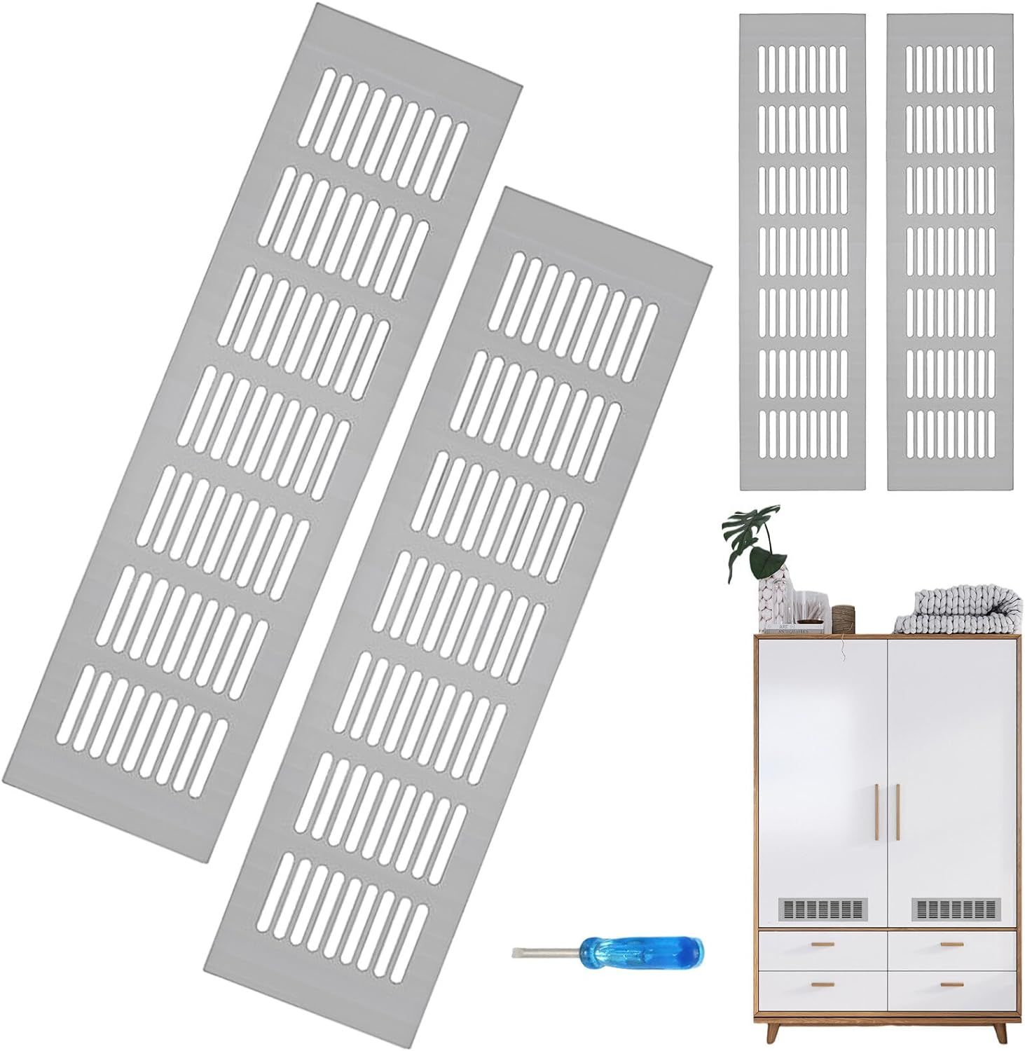 Lot de 4 grilles de ventilation en aluminium - 80 x 300 mm - Avec tournevis cruciforme - Pour cuisine, salle de bain, toilettes, garage et salon