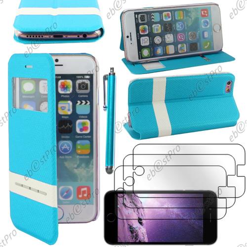 Ebeststar ® Housse Coque Etui Smart View Cover Type S-View Portefeuille Livre Pour Apple Iphone 6s Plus Écran 5,5", Couleur Bleu + Stylet 3 Film