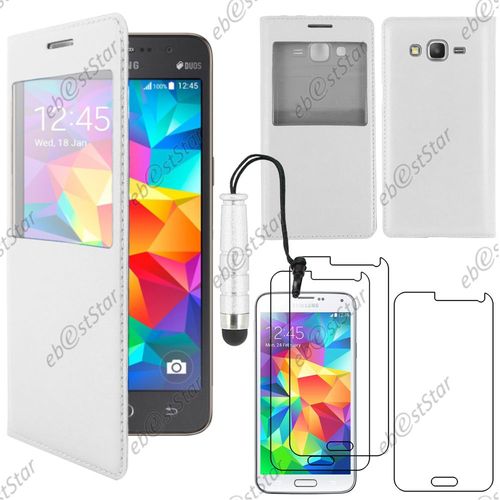 Ebeststar ® Pour Samsung Galaxy Grand Prime Sm-G530f Value Edition Sm-G531f - Housse Coque Etui Style View Portefeuille + Mini Stylet + 3 Film Écran, Couleur Blanc [Dimensions Precises De Votre Appareil : 144.8 X 72.1 X 8.6 Mm, Écran 5'']