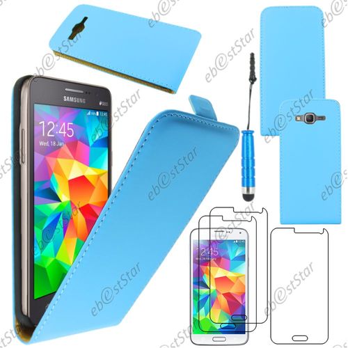 Ebeststar ® Pour Samsung Galaxy Grand Prime Sm-G530f Value Edition Sm-G531f - Housse Coque Etui En Pu Cuir À Rabat Ultra Fine (Slim Case) + Mini Stylet + 3 Film Écran, Couleur Bleu [Dimensions De Votre Appareil : 144.8 X 72.1 X 8.6 Mm, Écran 5'']