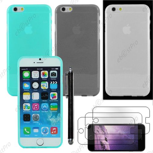 Ebeststar ® Lot X3 Housse Etui Coque Silicone Gel Tpu Souple Ultra Fine 0,5mm Pour Apple Iphone 6s Écran 4,7", Couleur Transparent, Noir, Bleu + Stylet 3 Film