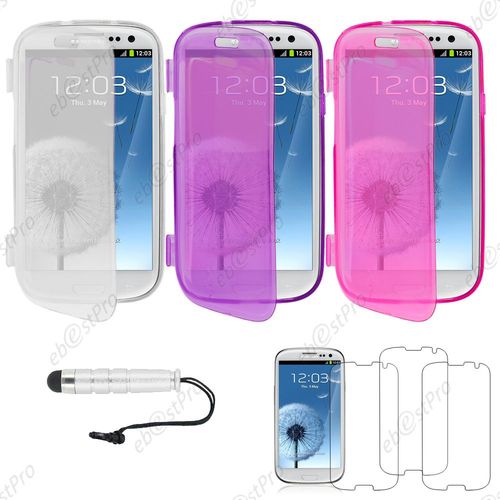 Ebeststar ® Lot X3 Housse Etui Coque Portefeuille Livre Silicone Gel Pour Samsung Galaxy S3 I9300 I9305, Couleur Transparent, Violet, Rose + Mini Stylet 3 Film