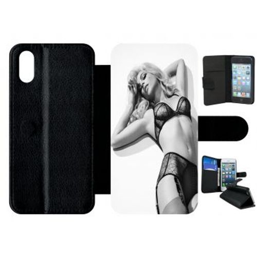 Etui A Rabat - Femme Sexy Noir Et Blanc - Compatible Avec Apple Iphone Xs - Simili-Cuir - Bord Noir