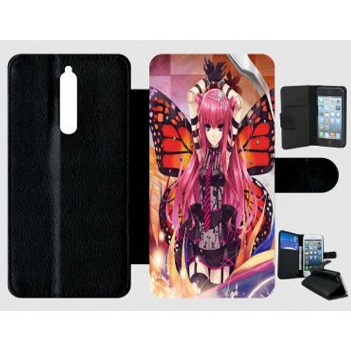 Etui À Rabat Pour Nokia 8 - Fille Manga Rose - Simili-Cuir - Noir