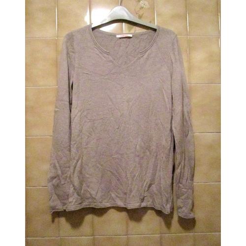 Pull Camaïeu Col Rond Mais Large, Fils Argentés Sur Col Et Bas Des Manches, Beige Foncé, Ou Gris Ou Taupe, T. 40 Ou Grand 38