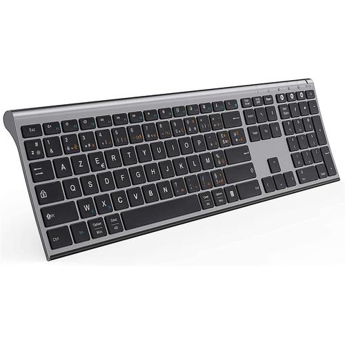 Clavier AZERTY Ultra-Mince et Rechargeable, Multi-dispositifs avec 3 Canaux Bluetooth, Compatible avec PC, Tablette, Téléphone Mobile, iPad sous Windows, iOS, Mac OS- Gris