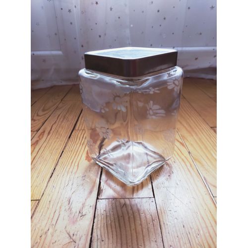 Bocal carré en verre à fleurs blanches avec couvercle