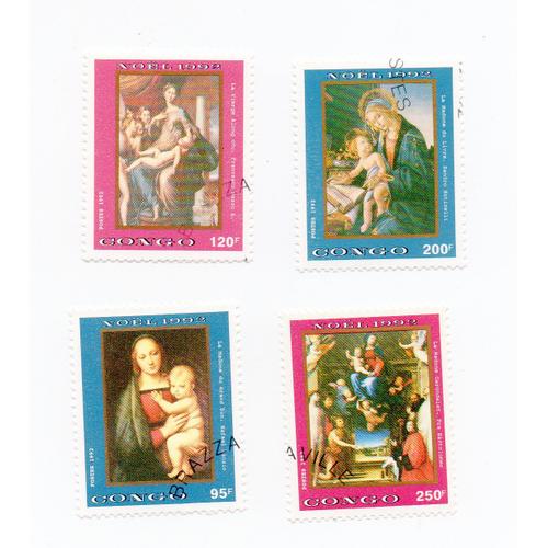 Congo- Lot De 4 Timbres Oblitérés- Noël 1992- Tableaux