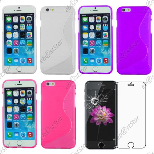 Ebeststar ® Pour Apple Iphone 6s 6 Écran 4.7" - Lot X3 Housse Etui Coque Silicone Gel Motif S-Line Protection Souple + Verre, Couleur Transparent, Violet, Rose [Dimensions Precises De Votre Appareil : 138,3 X 67,1 X 7,1 Mm, Écran 4.7'']