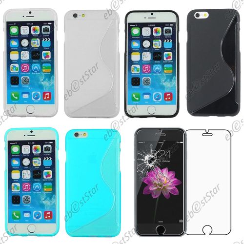 Ebeststar ® Pour Apple Iphone 6s 6 Écran 4.7" - Lot X3 Housse Etui Coque Silicone Gel Motif S-Line Protection Souple + Verre, Couleur Transparent, Noir, Bleu [Dimensions Precises De Votre Appareil : 138,3 X 67,1 X 7,1 Mm, Écran 4.7'']