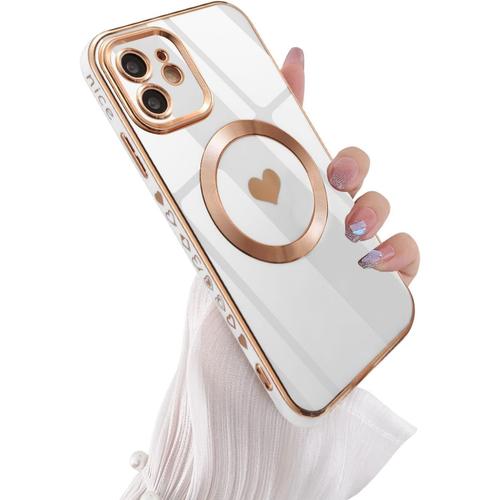 Silicone Liquide Coque Magnétique Pour Iphone 12 6.1 Inch, Housse De Protection Antichoc Etui Compatible Avec Magsafing Faster Charging Avec Forme De Coeur Un Motif Soft Tpu Case - Blanc