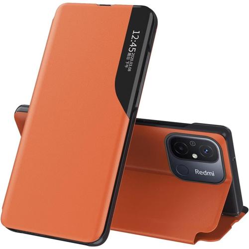 Coque Pour Samsung Galaxy S23 Ultra, Smart Window Stand Hard Pc+Pu 360° Antichoc Protection Housse Flip Case Orange