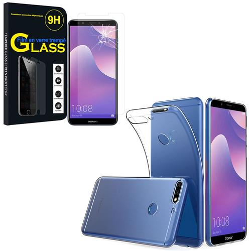 Coque Silicone Pour Huawei Y7 (2018) 5.99" Gel Ultraslim Et Ajustement Parfait - Transparent + 1 Film Verre Trempé