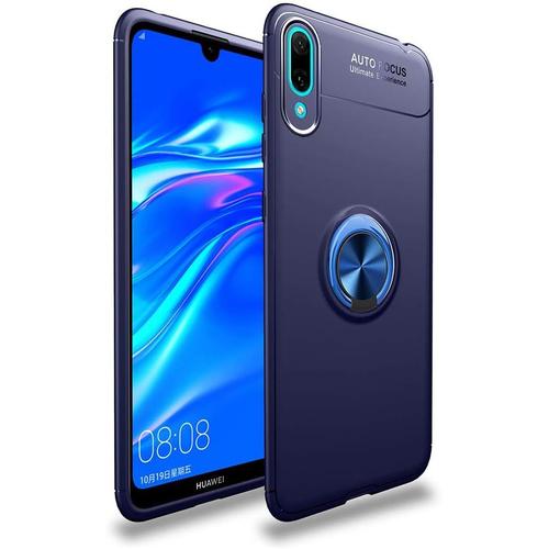 Coque Convient Pour Huawei Y7 Pro 2019 Flexible Tpu Ultra Fine Aimants Support De Voiture Spécial Housse Avec L'anneau Bleu+Bleu