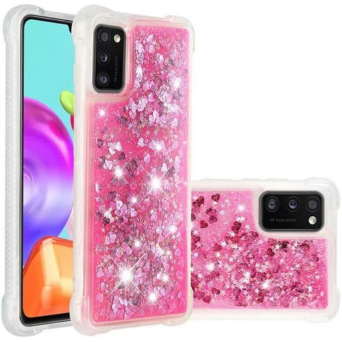 Compatible Avec Coque Samsung Galaxy A41 Brillant Liquide Sables Mouvant Transparent Quatre Coins Anti-Lutte Tpu Pare-Coeur Rose