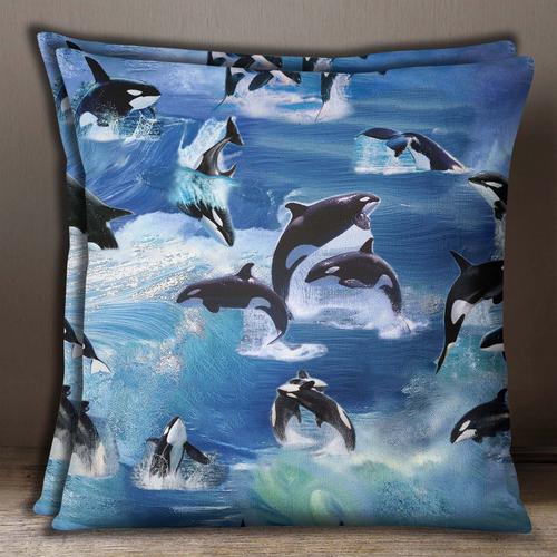 S4sassy Carré 2 Pcs Mer Oreiller Bleu Cas Dauphin Imprimé Coton Housse De Coussin Popeline