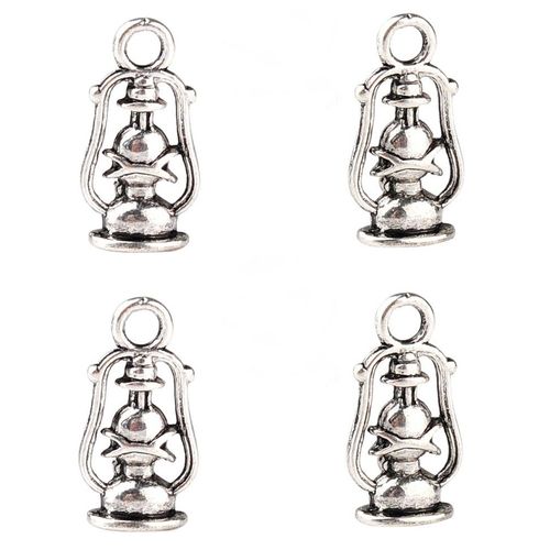4 Breloques Pendants Lampe À Huile, Métal Argenté Vieilli