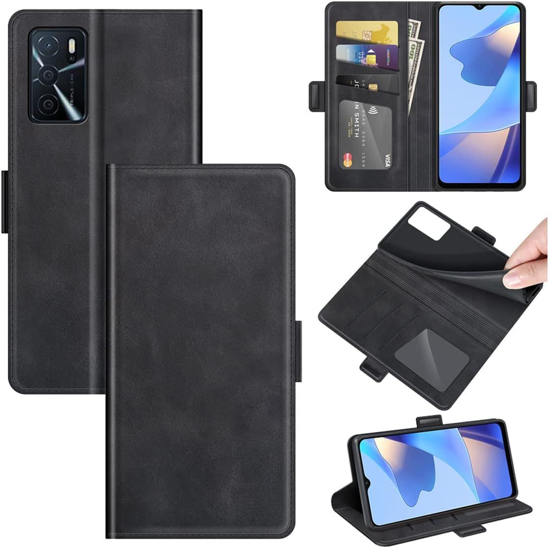 Étui Pour Oppo A16 6 52 Pouces Pu Cuir Couverture Magnétique Portefeuille Protection Housse Stent Fonction Flip Cuir Noir