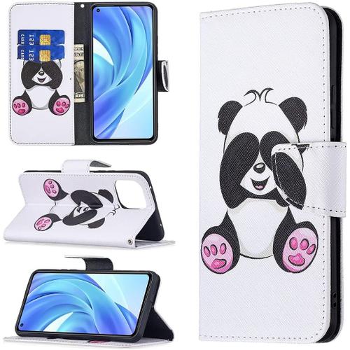 Étui Pour Xiaomi Mi 11 Lite 6 55 Pouces Pu Cuir Couverture Magnétique Housse Motif Panda Timide Stent Fonction Coque Flip Cuir