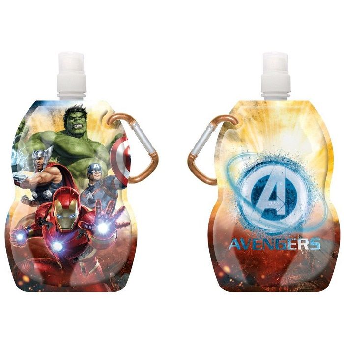 Gourde Avengers Marvel 400-500 Ml (Sans Bpa) Pliable Avec Mousqueton (Réutilisable, Accrochable, Lavable, Congelable)