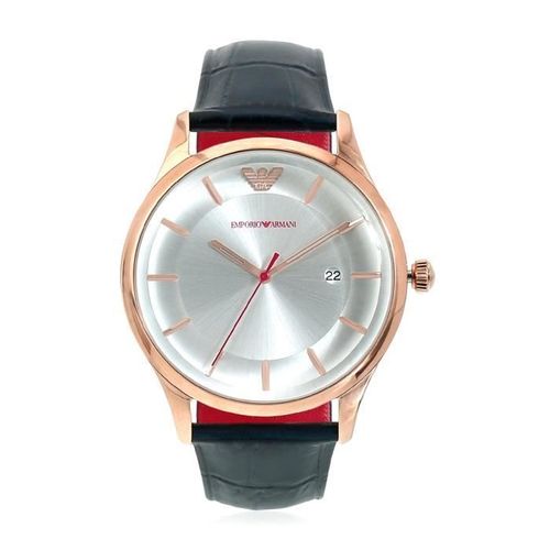 Emporio Armani - Montre Homme Quartz En Acier Inoxydable Ton Or Rose Bracelet En Cuir Bleu - Ar11131