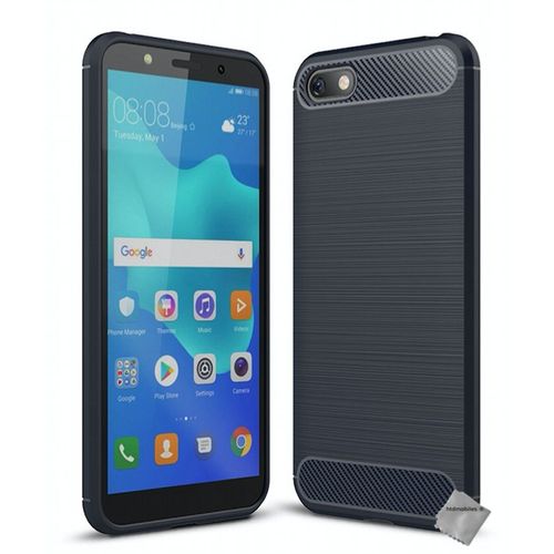 Housse Etui Coque Silicone Gel Carbone Pour Huawei Y5 (2018) + Verre Trempe - Bleu Fonce