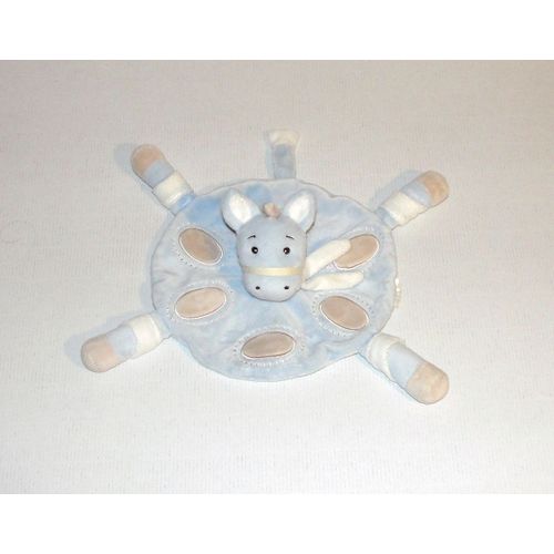 Doudou Cheval Poney Ane Kimbaloo Modele Bleu Creme Rond Echarpe Blanche