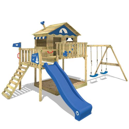 Wickey Aire De Jeux Portique Bois Smart Coast Avec Balançoire Et Toboggan Bleu Maison Enfant Sur Pilotis Avec Bac À Sable