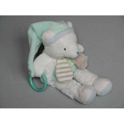 Doudou Ours Blanc Bonnet Bleu Pétales Beige Pantin D'activités Layette Babynat