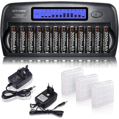 12 Bay LCD Smart Charger Built-in IC Protection for AA/AAA NI-MH/NI-CD Battery-with AC Wall Adapter [Quick Charge 12V 2A] with AA Battery Sets