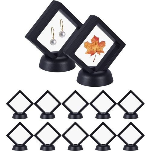 12 Pices Vitrine Flottante 3d Transparent Cadre Flottant Presentoir Cajas Pour Bijoux Avec Support Bote D'affichage Pour Monnaie, Mdailles, Bracelets, Timbres, 7x7x2cm, Noir