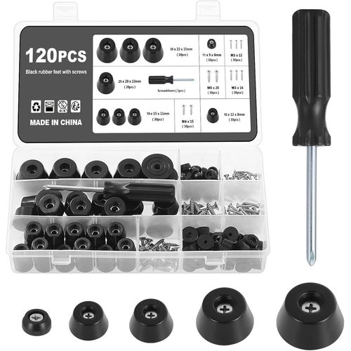 120 Pcs Pieds En Caoutchouc,Pieds Ronds En Caoutchouc Noir,5 Tailles Pieds En Caoutchouc  Visser,Pieds En Caoutchouc  Dcouper,Pour Tables Bois Chaises Meubles (5 Sizes,120)