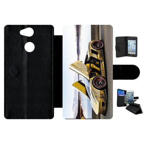 Etui A Rabat - Tuning Voiture Jaune - Compatible Avec Sony Xperia Xa2 - Simili-Cuir - Bord Noir