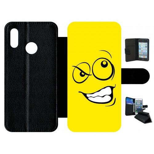 Etui A Rabat - Smiley Énervé Jaune - Compatible Avec Huawei P20 Lite - Simili-Cuir - Bord Noir