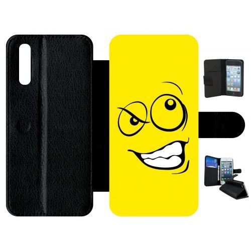 Etui A Rabat - Smiley Énervé Jaune - Compatible Avec Huawei P20 - Simili-Cuir - Bord Noir