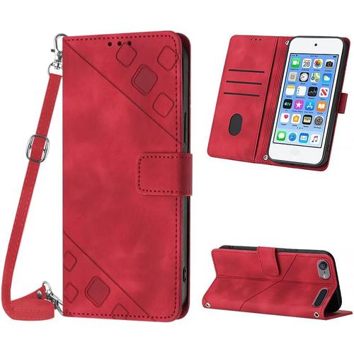 Coque Pour Ipod Touch 7/6 / 5 , Pu Leather Flip Portefeuille Étui En Cuir, [3 Porte Cartes] [Fermeture Magnétique] [Bandoulière Réglable] Coque Pour Ipod Touch 7 - Rouge