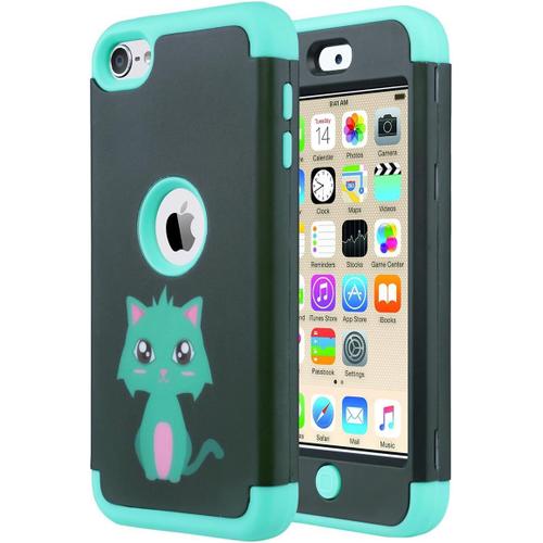 Coque Ipod Touch 7, Étui Housse 3 En 1 Hybride Antichoc En Silicone Souple + Pc Dur Protection Coque Pour Apple Ipod Touch 5/6/7ème Génération (2019), Gris + Menthe Chat