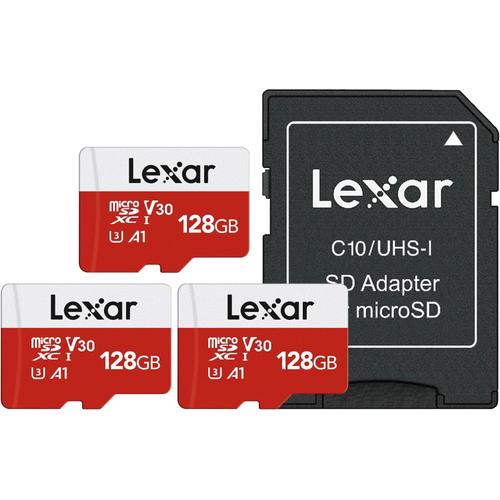Carte Micro SD 128 Go Lot de 3 Cartes, Carte Mémoire Micro SD+ Adaptateur, Microsdxc Carte TF jusqu'à 100 Mo/s, A1, U3, C10, V30, Full HD et 4K UHD pour Caméra, Telephone